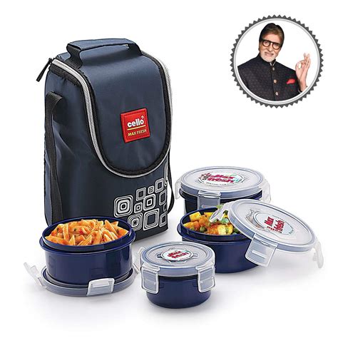 cello max fresh steel click 4 container lunch box blue|Amazon.com: Cello Max Fresh Click Lunch Box Set with Bag.